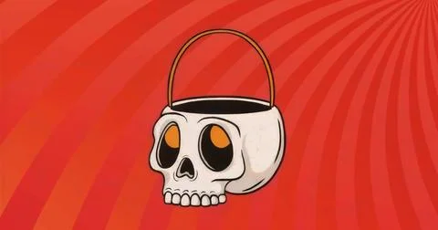 Floating white skull bucket featuring gold-and-brown handle, hovering against Stock Illustration