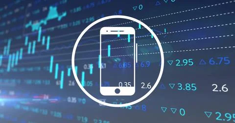 Floating white smartphone icon in circular frame over blue trading dashboard, Stock Photos