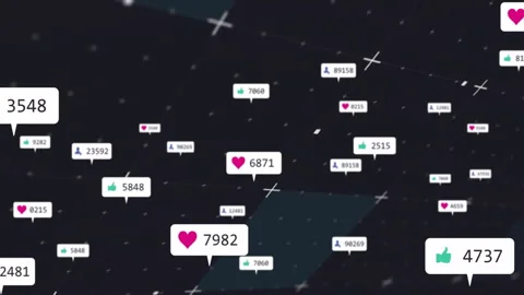 Floating white speech bubble displaying pink heart count drifting over dark grid Stock Footage 307453408