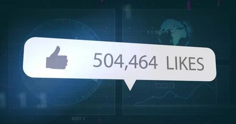 Floating white speech bubble with thumbs-up icon displaying 504464 likes over Stock Illustration