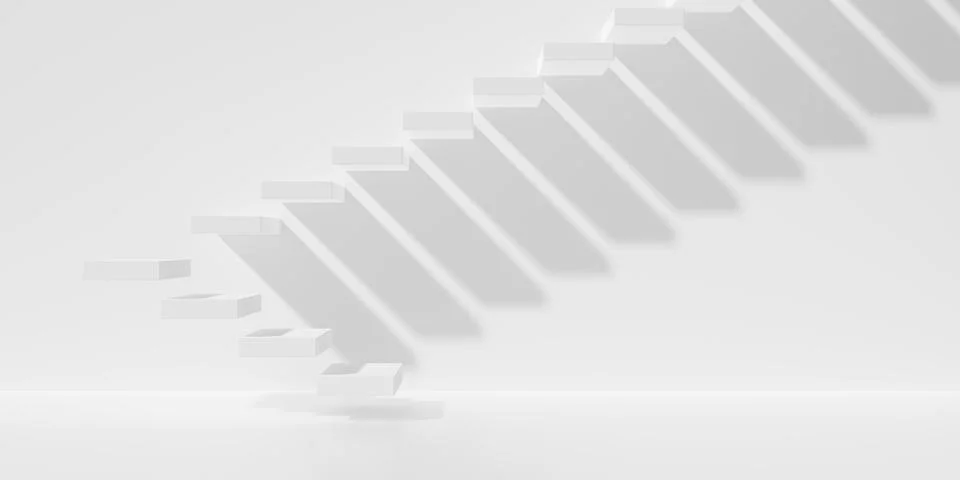 Floating white stairs or steps going up around corner on white wall backgroun Stock Illustration