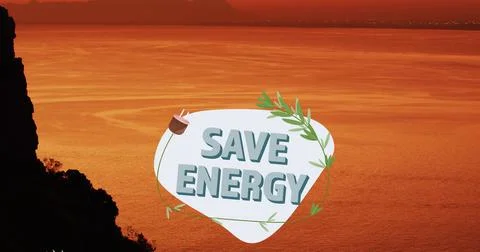 Floating white triangular graphic featuring SAVE ENERGY text over orange sea at Stock Photos