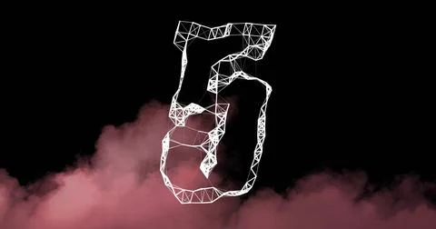 Floating white triangular-mesh wireframe loop hovering in dark studio void, with Stock Photos