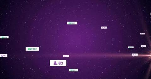 Floating white user badge showing 83 in purple starfield, with scattered Illustrazione stock