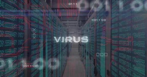 Floating white VIRUS text overlay hovering across data center corridor, with  イラスト素材