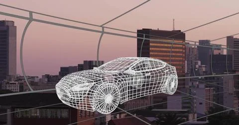 Floating white wireframe 3D sedan above downtown rooftop at dusk, with curved Stock Photos