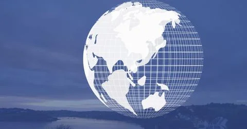 Floating white wireframe globe showing Asia and Australia over coastal water, Stock Illustration