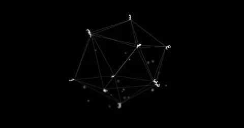 Floating white wireframe polyhedron suggesting data links in black void, with Stock Photos