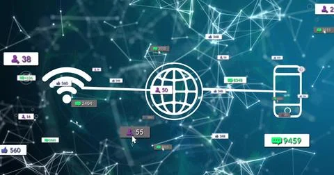 Floating Wi-Fi globe and smartphone icons linked by lines in digital mesh, Foto stock