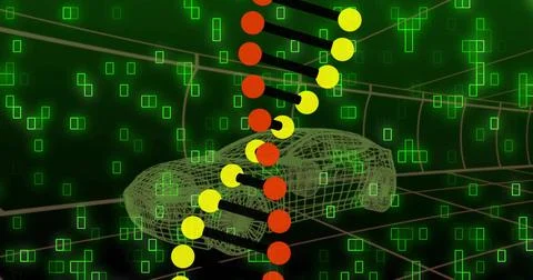Floating wireframe automobile model drifting within dark grid, with neon green Illustrazione stock