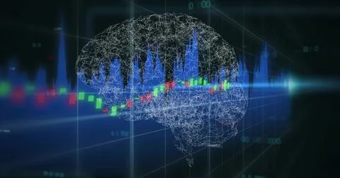 Floating wireframe brain mesh showing multicolor candlesticks and blue histogram Stock Illustration
