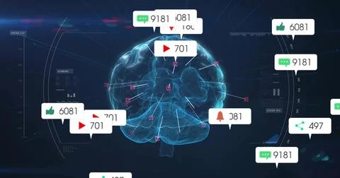 Floating wireframe brain model connecting social media icons in analytics UI, Stock Illustration