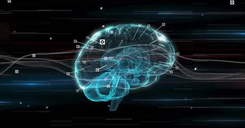Floating wireframe brain model rotating in virtual interface, with glowing no Stock Illustration