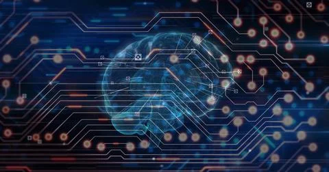 Floating wireframe brain pulsing in navy grid showing circuit traces, glowing Stock Illustration