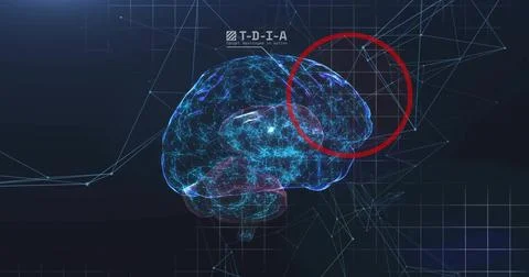 Floating wireframe brain on UI showing triangular mesh or grid highlighting red Illustrazione stock
