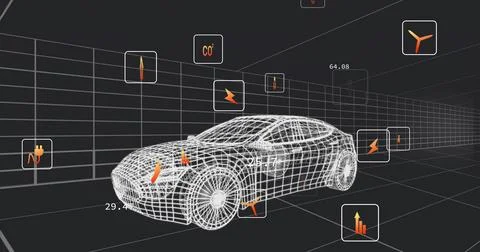 Floating wireframe car model hovering in digital grid space, data panels showing Stock Illustration