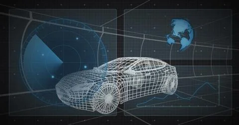 Floating wireframe car model over gray grid workspace, with radar HUD, globe  Illustrazione stock