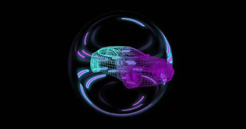 Floating wireframe car model rotating inside glowing sphere in dark studio, with 스톡 일러스트