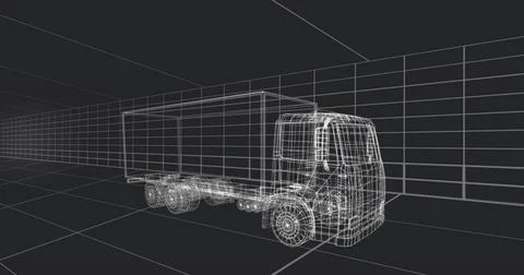 Floating wireframe cargo truck model occupying 3D workspace, with grid floor, Stock Illustration