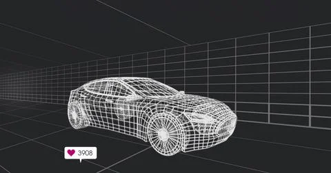 Floating wireframe coupe hovering in virtual studio, with grid walls and Illustrazione stock