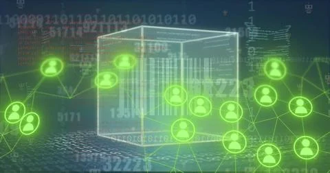 Floating wireframe cube showing barcode, code and neon links in digital plane, イラスト素材