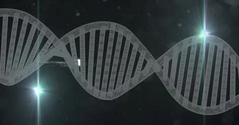 Floating wireframe DNA helix stretching through digital lab scene, with lens Stockillustratie