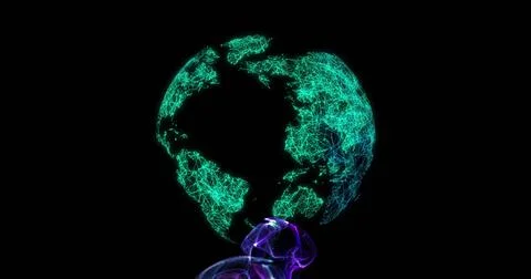 Floating wireframe Earth globe glowing above black void, showing teal mesh and Illustrazione stock