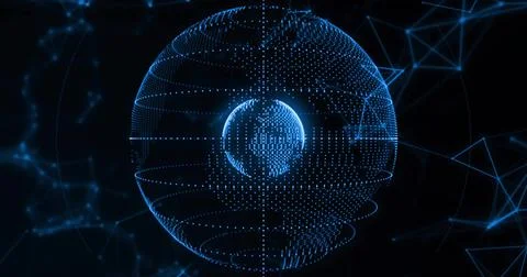 Floating wireframe globe depicting Earth in cyber-network, with inner globe and Illustrazione stock