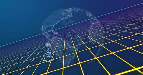 Floating wireframe globe hovering above neon grid plane, showing magenta or cyan Stock Illustration