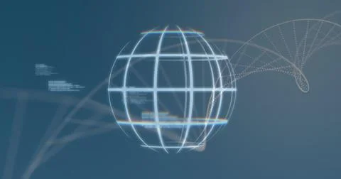 Floating wireframe globe pulsing within virtual display, with code clusters and Stock Illustration