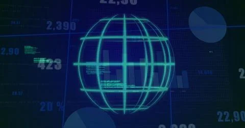 Floating wireframe globe rotating in analytics panel with bar and pie segments Stock Photos
