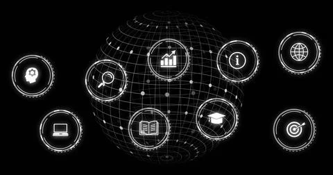 Floating wireframe globe showcasing bar chart, book, graduation cap and info Stock Illustration