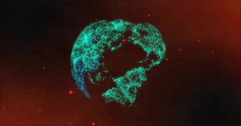 Floating wireframe globe showing Western Hemisphere network against dark crimson Stock Illustration