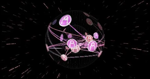 Floating wireframe globe in space, connecting glowing nodes with person icons Stock Illustration