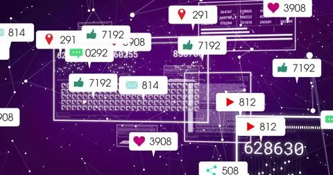 Floating wireframe keyboard and screens amid purple node mesh, showing social Stock Illustration
