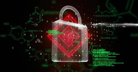 Floating wireframe lock bearing red heart emblem in security scene, flowing code Stock Illustration