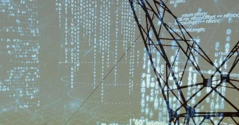 Floating wireframe network rising above grid floor in digital space with code 스톡 사진