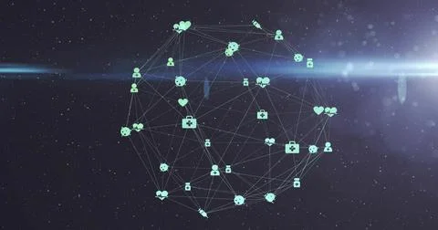 Floating wireframe network sphere rotating in space backdrop, with heart medical Ilustración de archivo