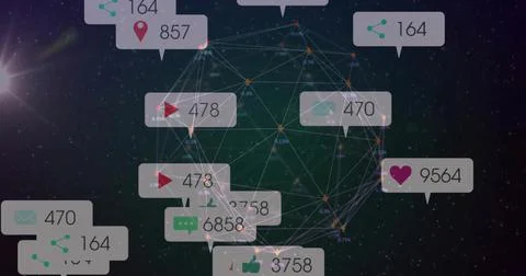 Floating wireframe network sphere rotating in digital cosmos, displaying social Stock Photos