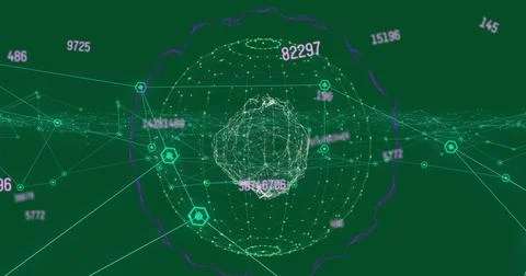 Floating wireframe orb connecting lines in virtual space with green hex markers Stock Photos