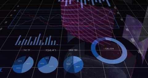 Floating wireframe orb spinning in dashboard with bar charts, pie and ring Stock Illustration