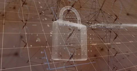 Floating wireframe padlock hovering in 3D grid, with alphanumeric characters, Illustrazione stock