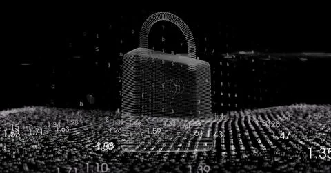 Floating wireframe padlock hovering over digital dot grid, with numerical code 写真素材