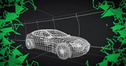 Floating wireframe sedan model in dark tunnel, with neon green polygons and Illustrazione stock