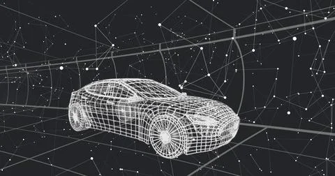 Floating wireframe sedan model in virtual network space, with interconnected Illustrazione stock