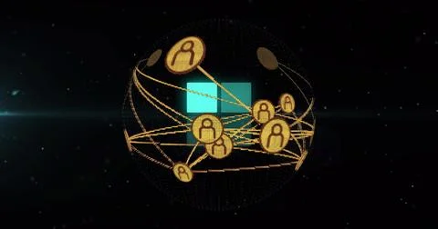 Floating wireframe sphere glowing in black starfield, showing gold tokens, lines Stock Illustration
