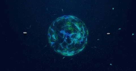 Floating wireframe sphere glowing in navy digital space, showing triangular Stock Illustration