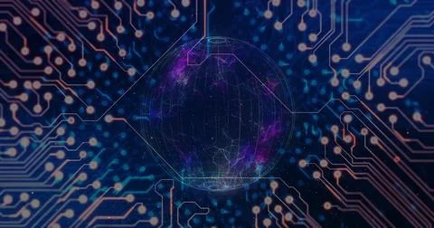 Floating wireframe sphere glowing purple and blue against circuit board traces, Stockillustratie