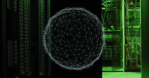 Floating wireframe sphere hologram glowing in data center corridor, showing open Stockillustratie