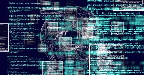 Floating wireframe sphere overlaying code panels on virtual display, showing 库存插图